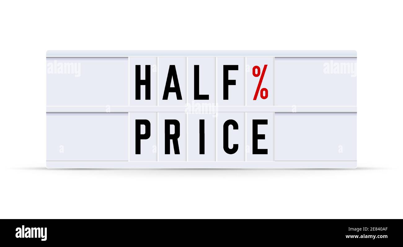 HALF PRICE. Text displayed on a vintage letter board light box. Vector