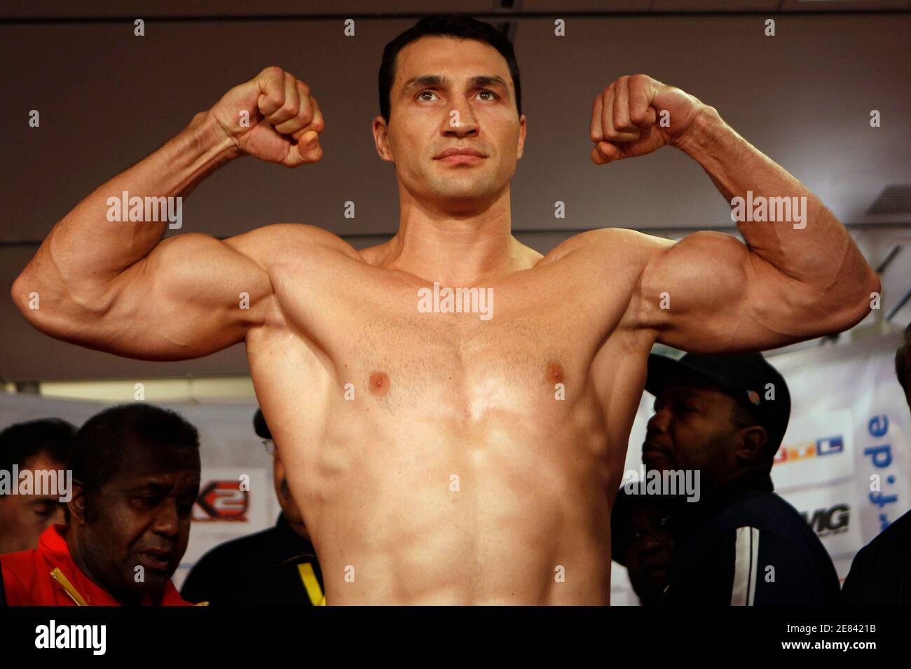 Heavyweight boxer Vladimir Klitschko of Ukraine poses after his weigh-in in  Duesseldorf March 19, 2010. Title holder Klitschko will fight Eddy Chambers  of the U.S. for the IBF/WBO and IBO world heavyweight