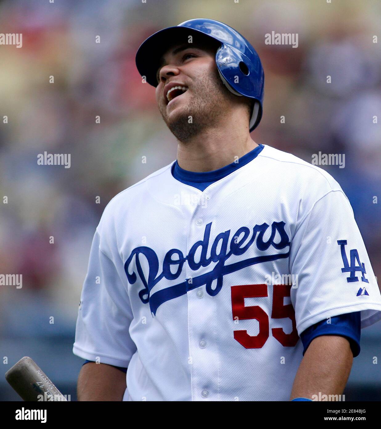 Los Angeles Dodgers' Russell Martin reacts to the umpires call during the first inning of their exhibition MLB baseball game against the Boston Red Sox in Los Angeles March 30, 2008. REUTERS/Gus Ruelas (UNITED STATES) Stock Photo