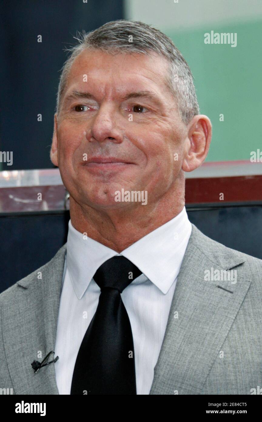 Vince McMahon, the chairman of World Wrestling Entertainment, Inc., poses after his Hollywood Walk of Fame star was unveiled during a ceremony in Hollywood, California in this March 14, 2008 file photo. McMahon said on October 30, 2008 it is too soon to know how the slumping economy will impact the media company, but he expects to continue paying the regular dividend on WWE shares in 2009.  REUTERS/Fred Prouser/Files  (UNITED STATES) Stock Photo