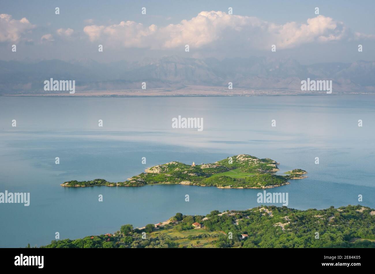 Beska Island on Lake Skadar National Park, Montenegro. There are two churches built on the island. Stock Photo