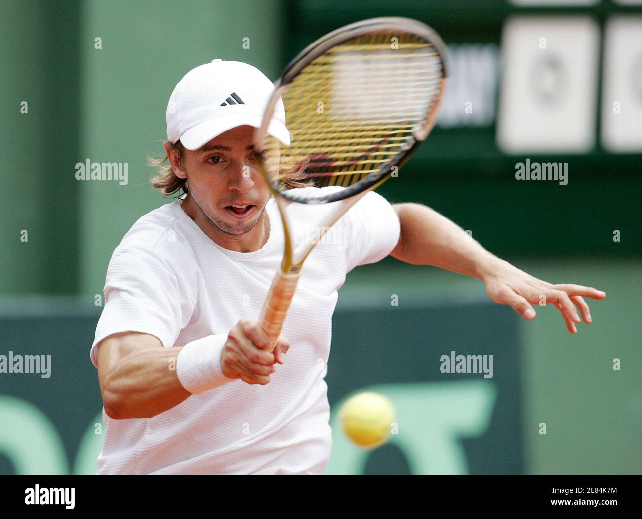 Francisco Rodriguez of Paraguay returns the ball to Alejandro Falla of  Colombia during their Davis cup tennis tournament match in Bogota,  Colombia, April 9, 2006. REUTERS/Daniel Munoz Stock Photo - Alamy
