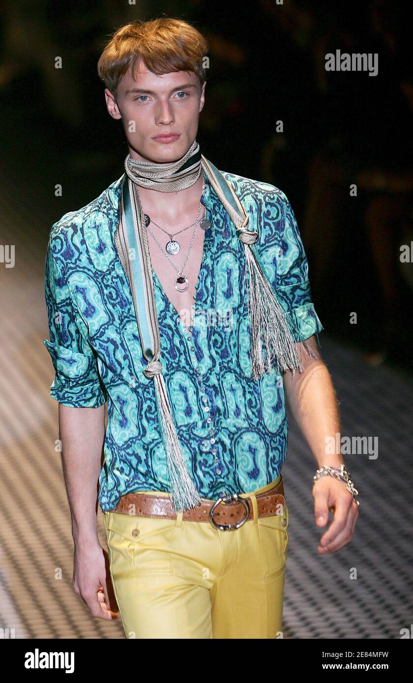 A model displays a creation as part of Gucci's Spring/Summer 2007 men's  collection during the Milan Fashion Week, June 27, 2006 Stock Photo - Alamy