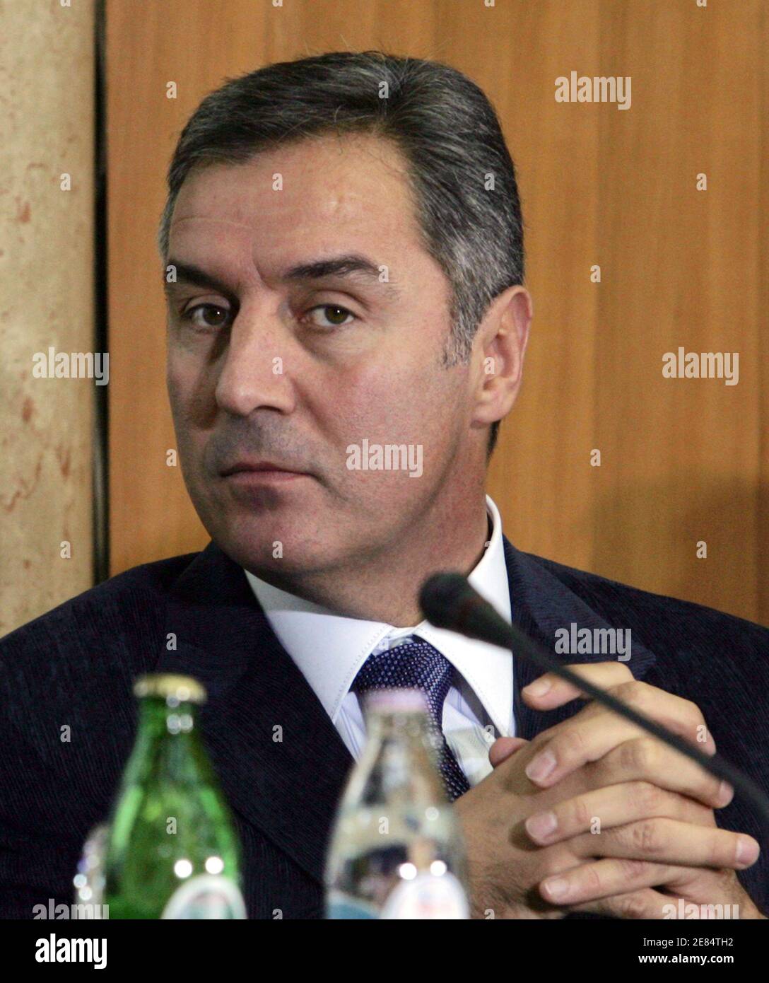 Montenegro's former prime minister Milo Djukanovic is seen during a meeting in Belgrade in this October 10, 2005 file photo.  Djukanovic, the longest-serving politician in the Balkans, is expected to return to power next month as current PM Zeljko Sturanovic, who suffers from lung cancer, could step down as early as next week at a DPS main board session, according to senior officials in the governing Democratic Party of Socialists (DPS).   REUTERS/Ivan Milutinovic / SERBIA (files) Stock Photo