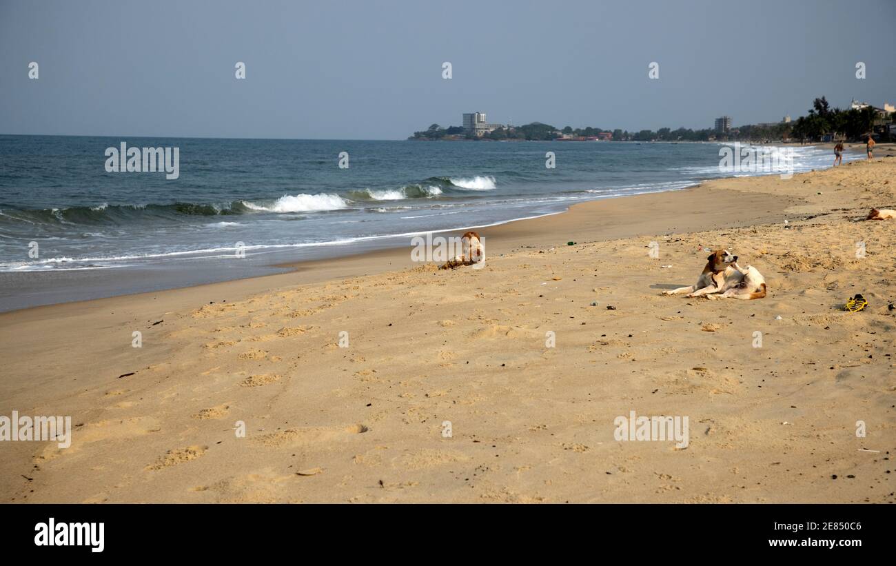 Freetown Sierra Leone Africa sandy beach pollution. West Africa extreme poverty and hunger. Pollution on ocean beaches. Tropical climate environment. Stock Photo