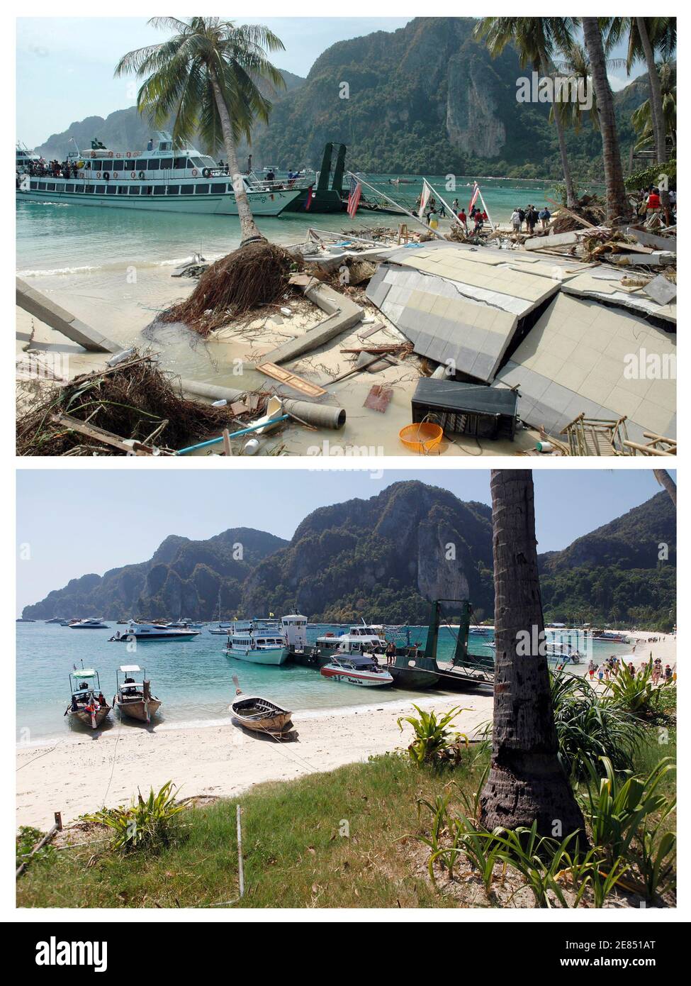 In this combo picture, tourists are seen at a pier as they wait to be evacuated from the Phi Phi Islands, southern Thailand, December 27, 2004 after a tsunami swept through this famous tourist resort (top) and the same pier nearly five years after, December 11, 2009. As the world prepares to mark the fifth anniversary of the tsunami that killed 226,000 people in 13 Asian and African countries, scars have yet to heal even after homes have been rebuilt, tourists have returned and foreign aid has ended. To match feature TSUNAMI-ANNIVERSARY/THAILAND  REUTERS/Stringer (top) and Damir Sagolj (THAILA Stock Photo