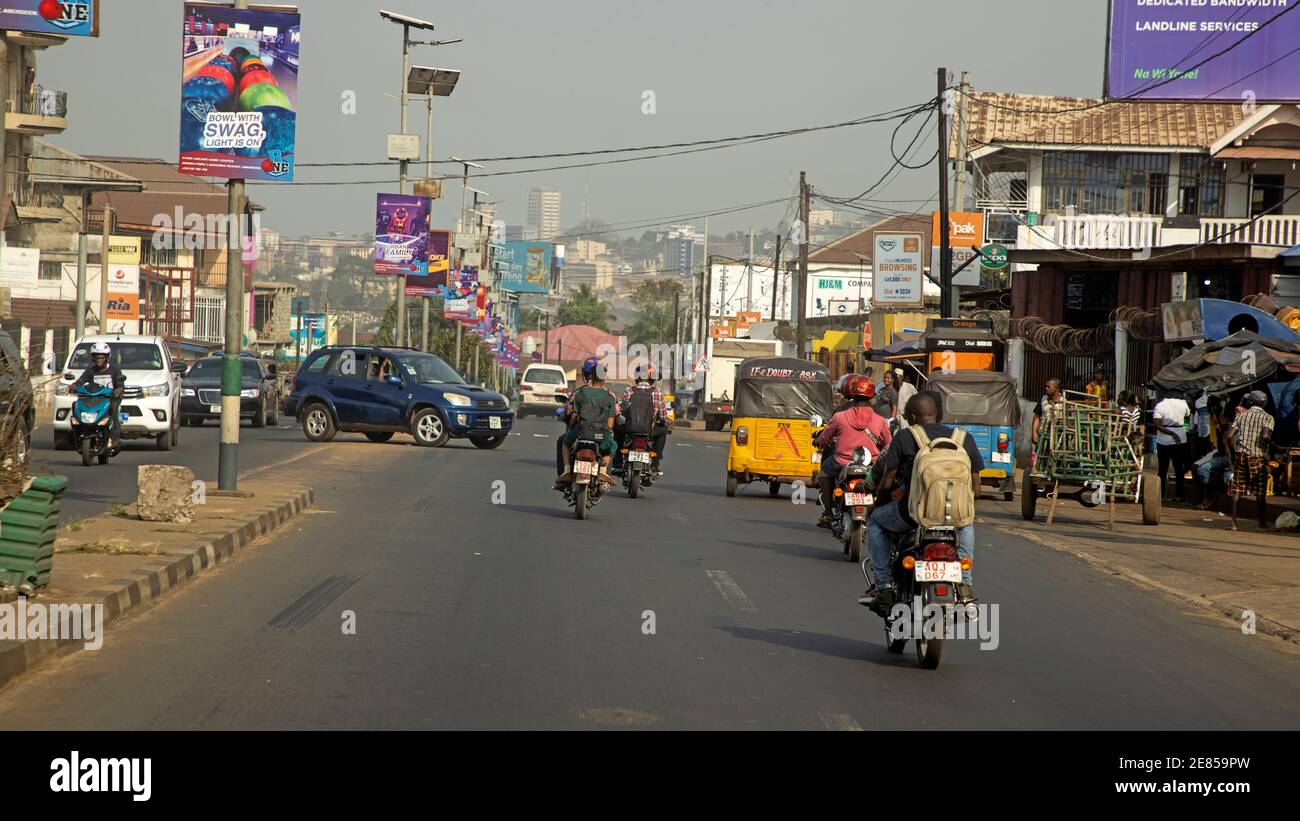 Freetown Sierra Leone business section traffic. West Africa a nation