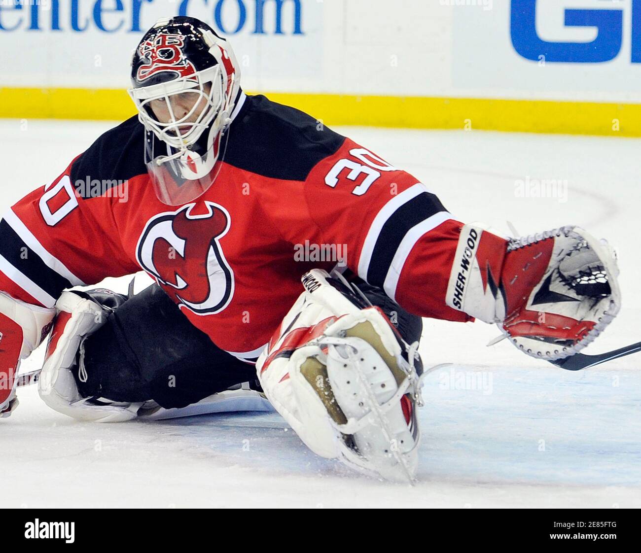 New Jersey Devils goalie Martin Brodeur makes a glove save against the  Chicago Black Hawks in the third period of their NHL hockey game in Newark, New  Jersey April 2, 2010. REUTERS/Ray