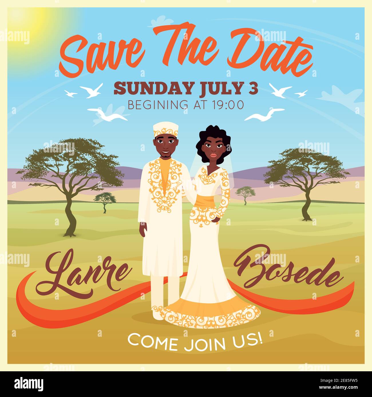 Africans wedding couple on desert background invitation poster flat vector illustration Stock Vector