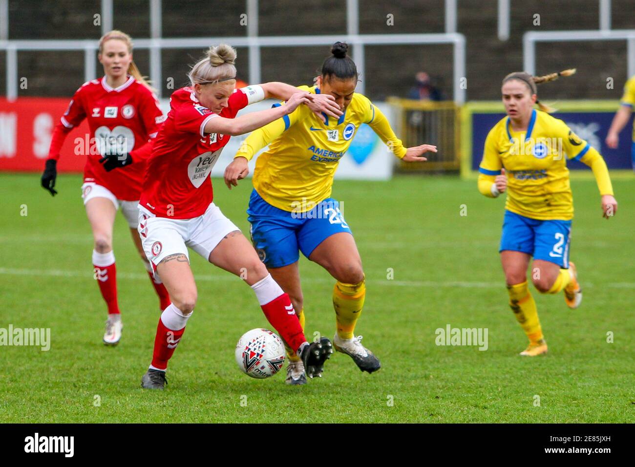 Bath, UK. 30th Jan, 2021. Jasmine Matthews (#4 Bristol City) battles with Rianna Jarrett ( #23 Brighton and Hove Albion) During the Womens Super League Match Between Bristol City And Brighton & Hove Albionat Twerton Park in Bath England Credit: SPP Sport Press Photo. /Alamy Live News Stock Photo