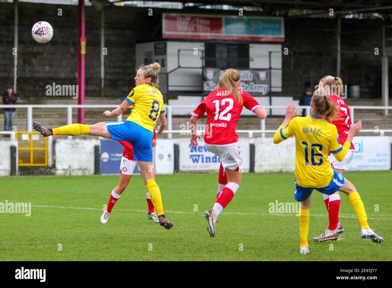 Bath, UK. 30th Jan, 2021. Megan Connolly ( #8 Brighton and Hove Albion ) wins a header During the Womens Super League Match Between Bristol City And Brighton & Hove Albionat Twerton Park in Bath England Credit: SPP Sport Press Photo. /Alamy Live News Stock Photo