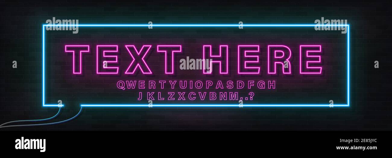 Glowing neon empty speech bubble frame. Rectangle blank speech bubble in neon style with alphabet. Vector illustration Stock Vector
