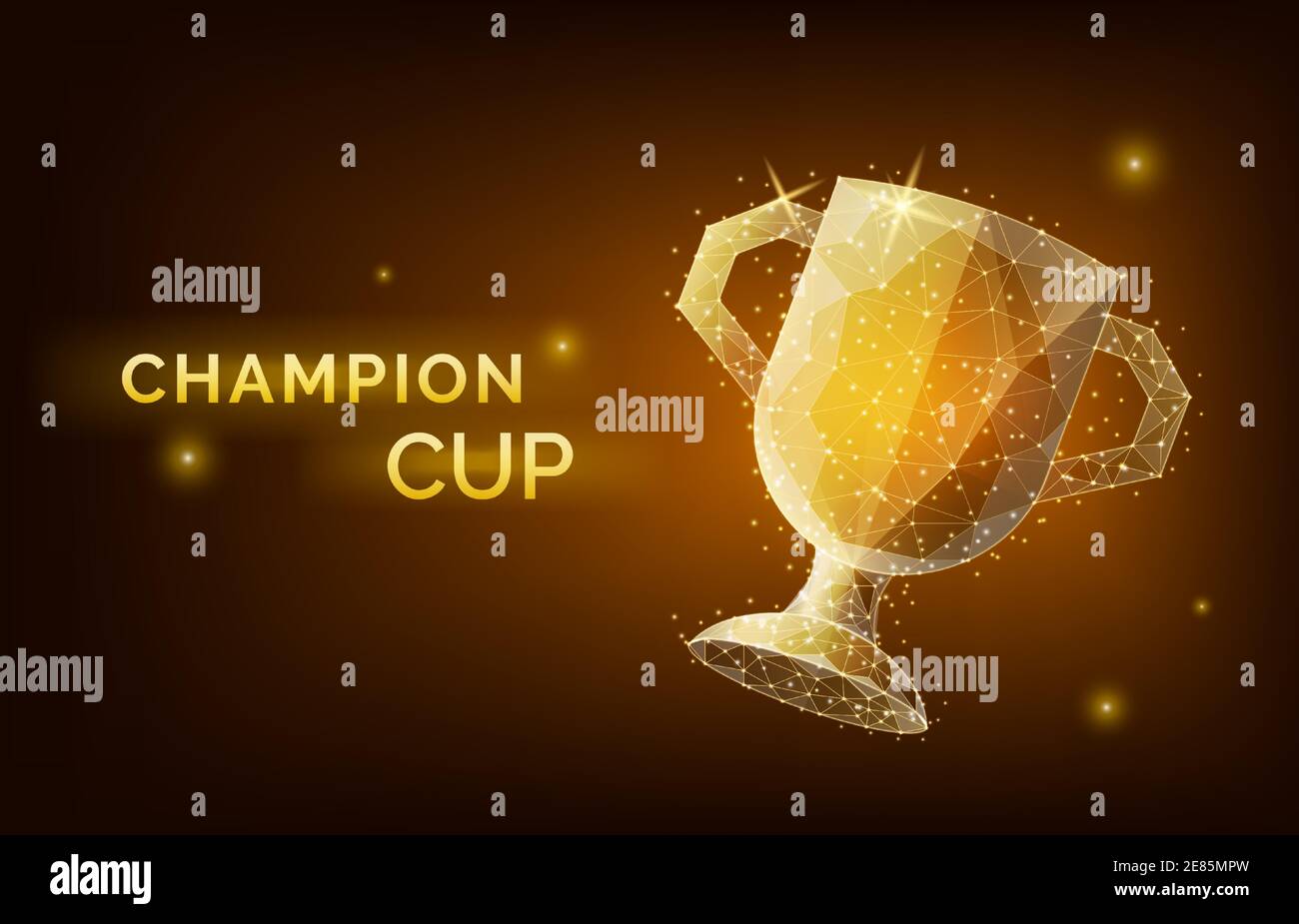 low poly trophy cup wireframe style. Concept of gold champion cup. Polygonal abstract isolated on black background. Vector illustration. Stock Vector
