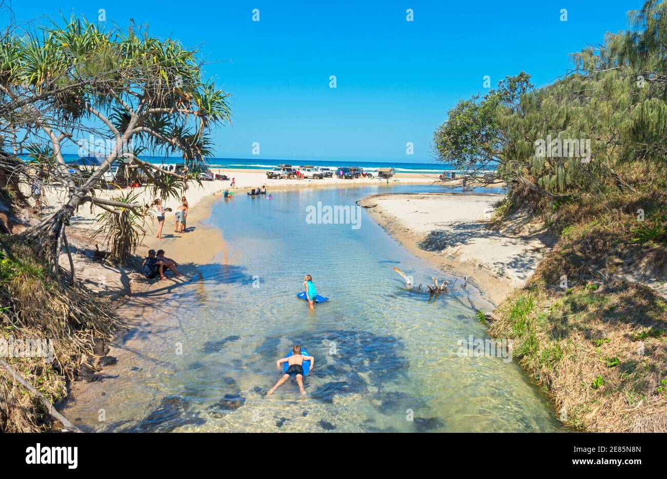 People enjoying Eli Creek, Great Sandy National Park, Fraser Island, Queensland, Australia, Stock Photo