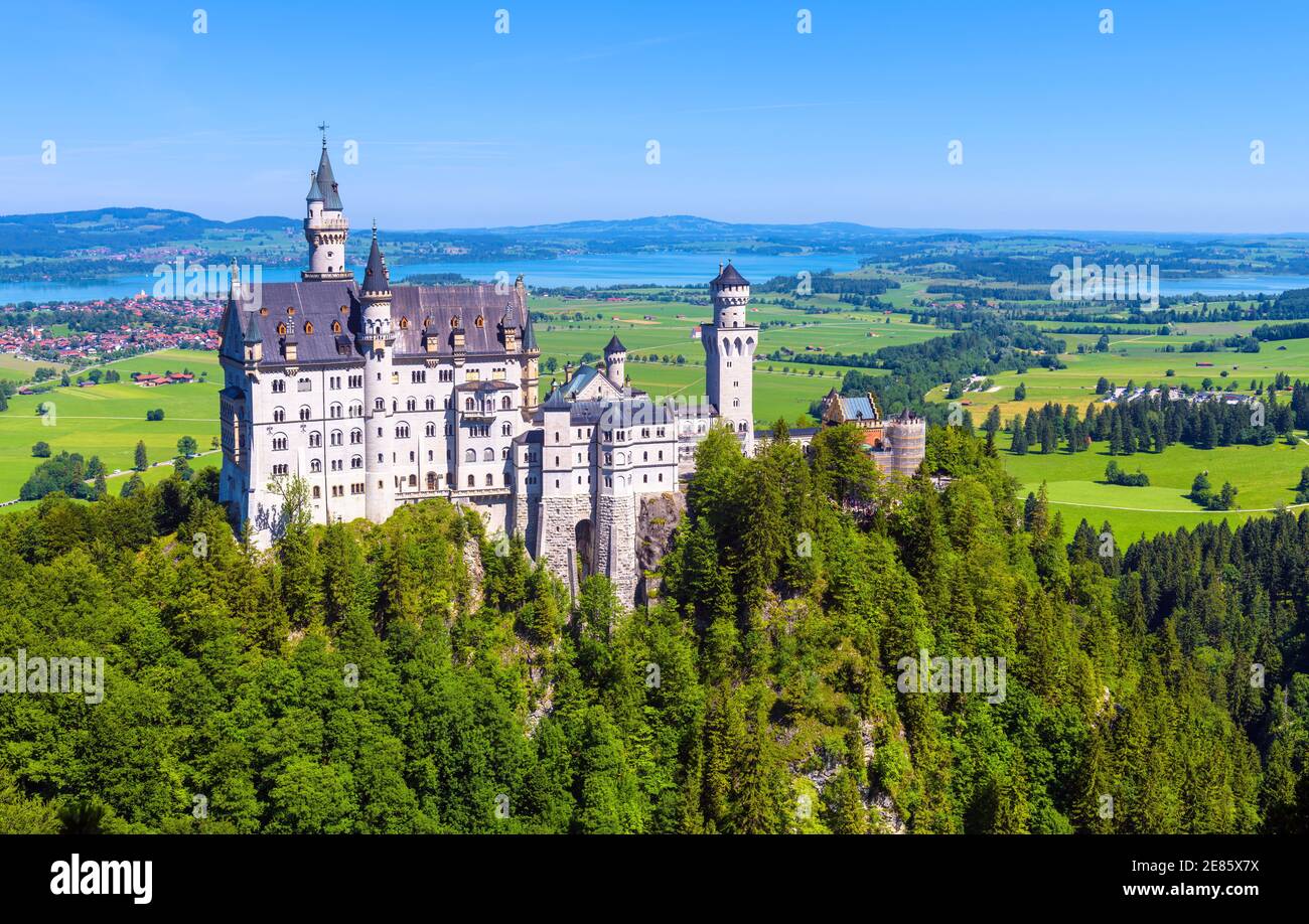 Neuschwanstein Castle, Germany, Europe. Beautiful view of fairytale castle in Munich vicinity, famous tourist attraction of Bavarian Alps. German land Stock Photo