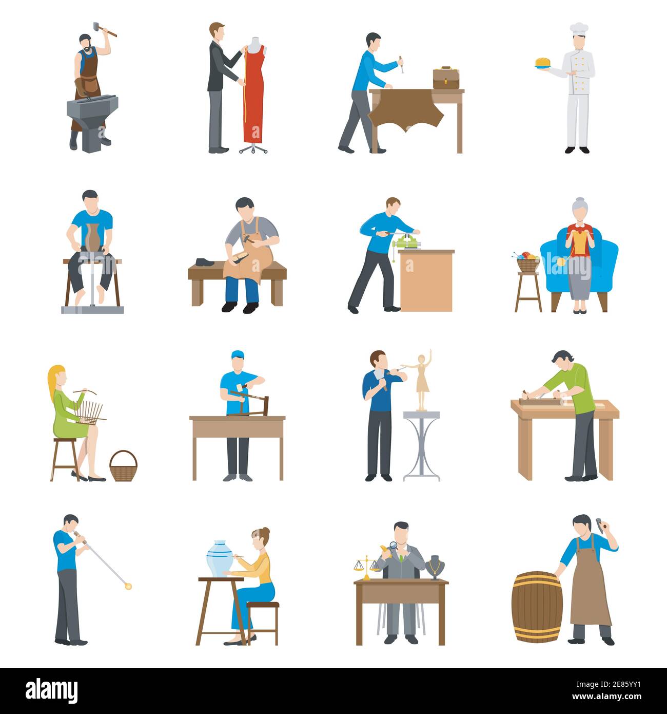 Flat design craftsmen icons with people having various professions isolated on white background vector illustration Stock Vector