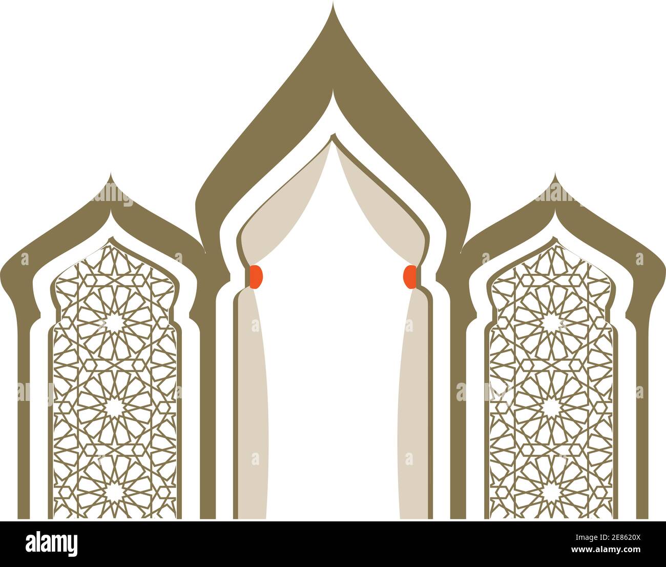 Editable vector illustration design artwork of persian arabic morocco style building, cafe, hotel, restaurant, house profile. Entrance rugs curtains Stock Vector
