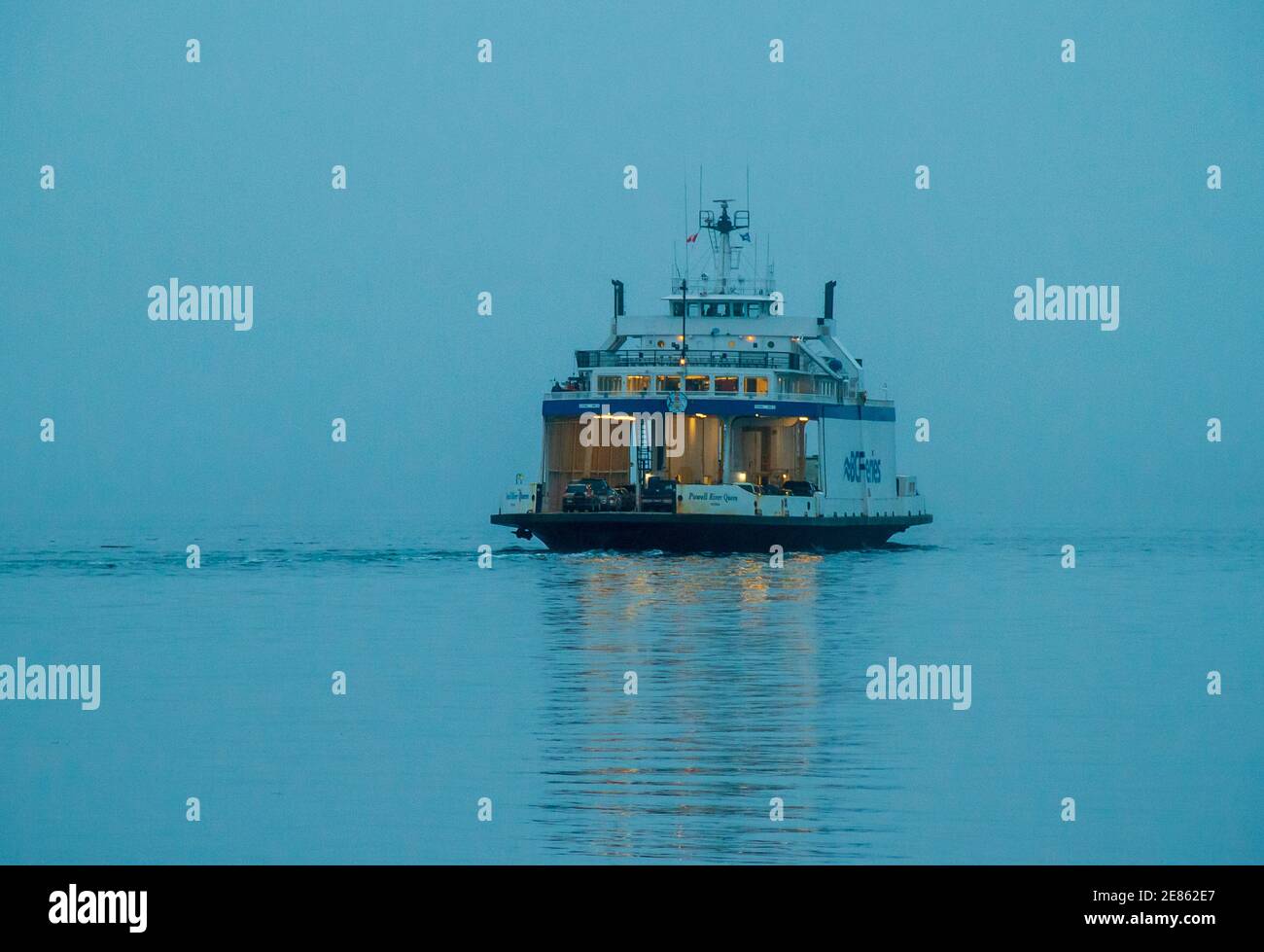 BC Ferry in the fog, travelling from Quadra Island to Campbell River on Vancouver Island, BC, Canada. Stock Photo