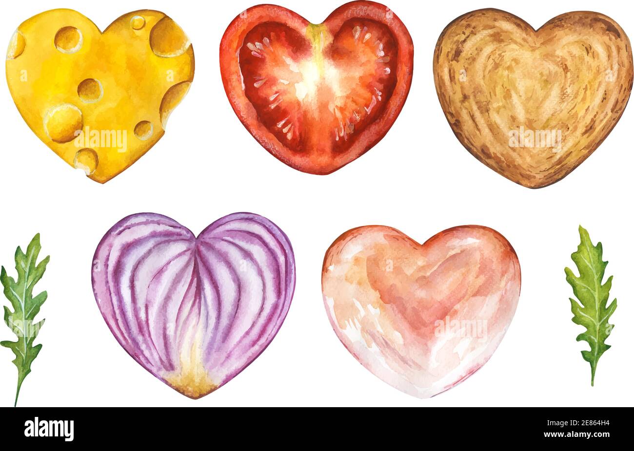 Watercolor set of sliced food hearts isolated on white background. Hand drawn illustration of heart shaped sandwich parts. Stock Vector