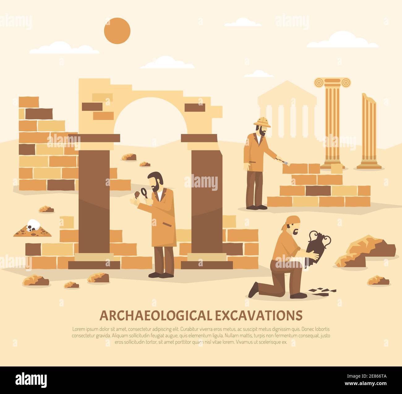 Color flat illustration depicting scientists conducting archaeological excavations vector illustration Stock Vector