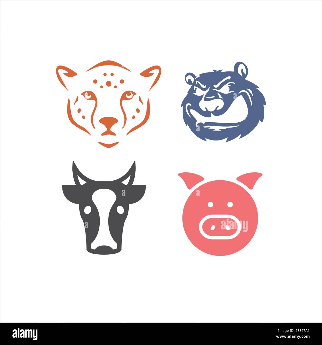 set tiger, bear, cow, and pig head vector logo and illustration Stock Vector