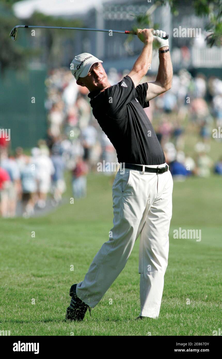 Nathan Green of Australia hits off the 18th fairway during the second round of play at The Players Championship golf tournament in Ponte Vedra Beach, Florida, May 11, 2007. Green finished the round at four-under-par with a score of 140. REUTERS/Rick Fowler (UNITED STATES) Stock Photo