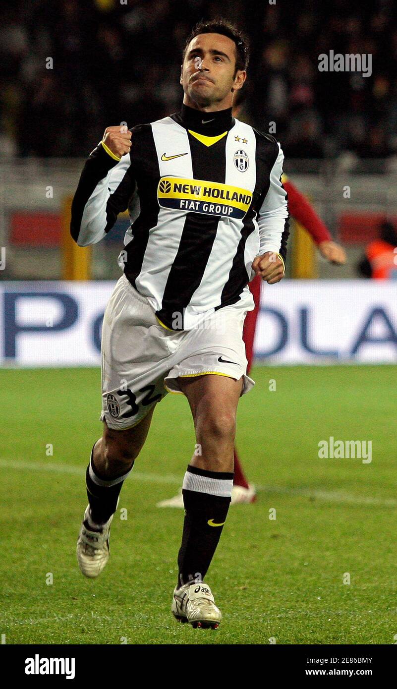 Juventus' Marco Marchionni celebrates after scoring a second goal against AS Roma during their Italian Serie A soccer match at the Olympic stadium in Turin November 1, 2008. REUTERS/Alessandro Garofalo (ITALY) Stock Photo