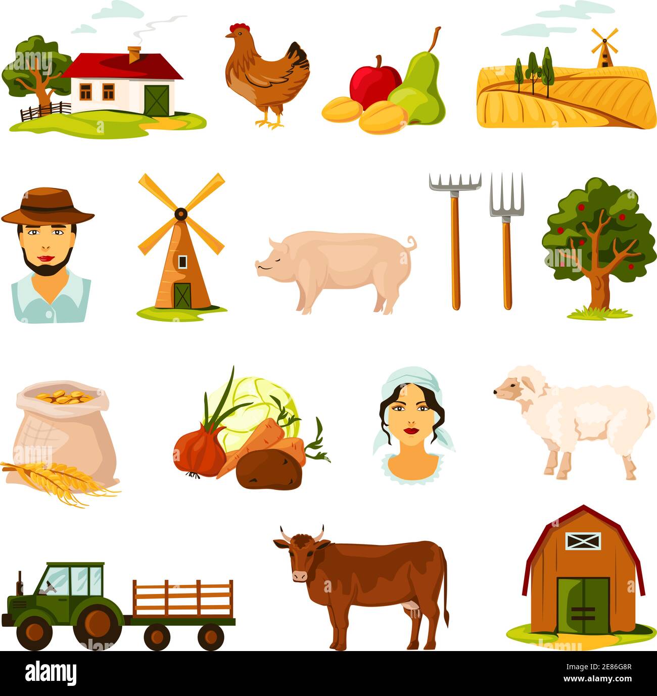 Flat farm set with farmers cattle harvest farmhouse and equipment on ...