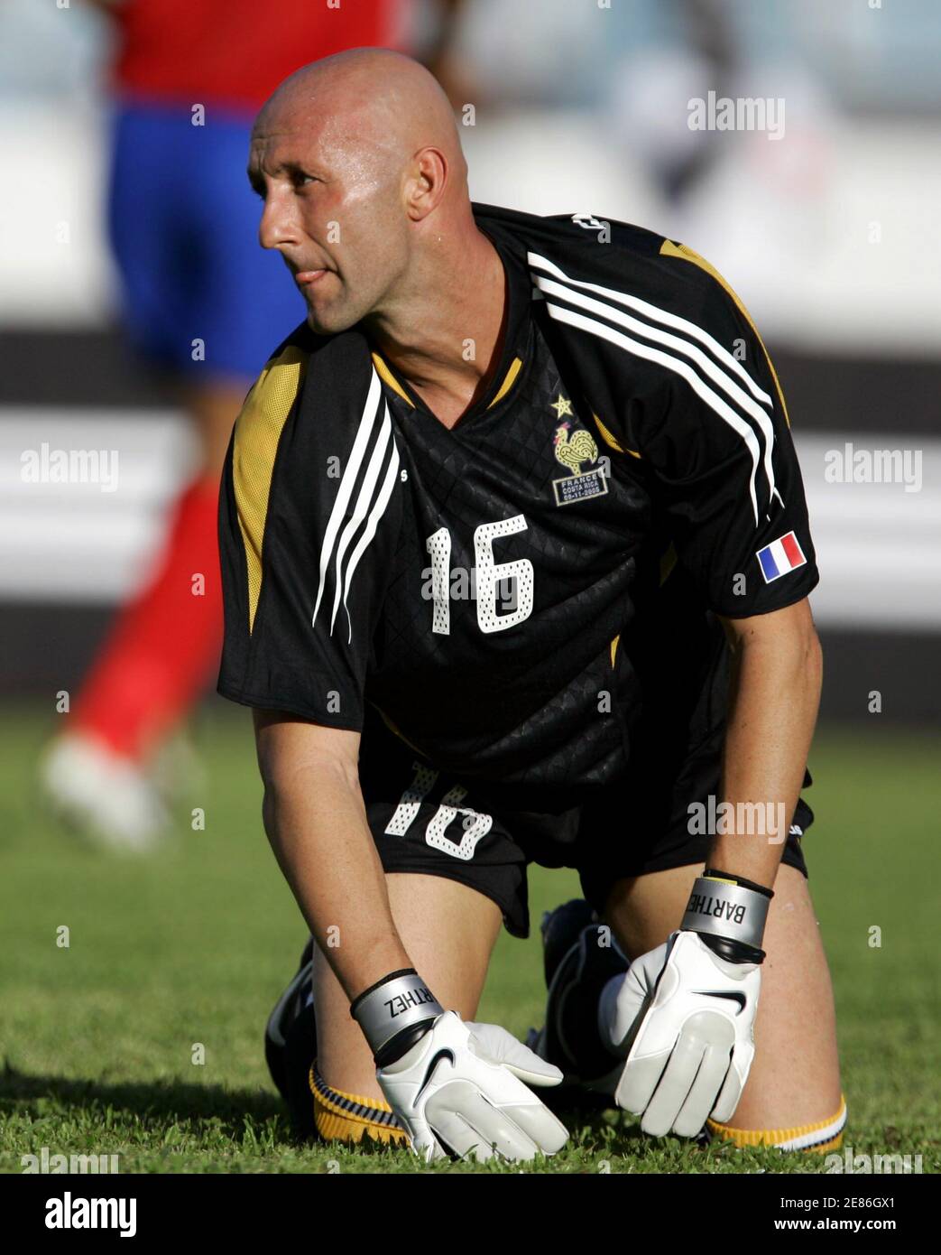 France S Goalkeeper Fabien Barthez Reacts After Costa Rica Scored Its First Goal At Dillon Stadium Near Fort De France Martinique November 9 05 Stock Photo Alamy