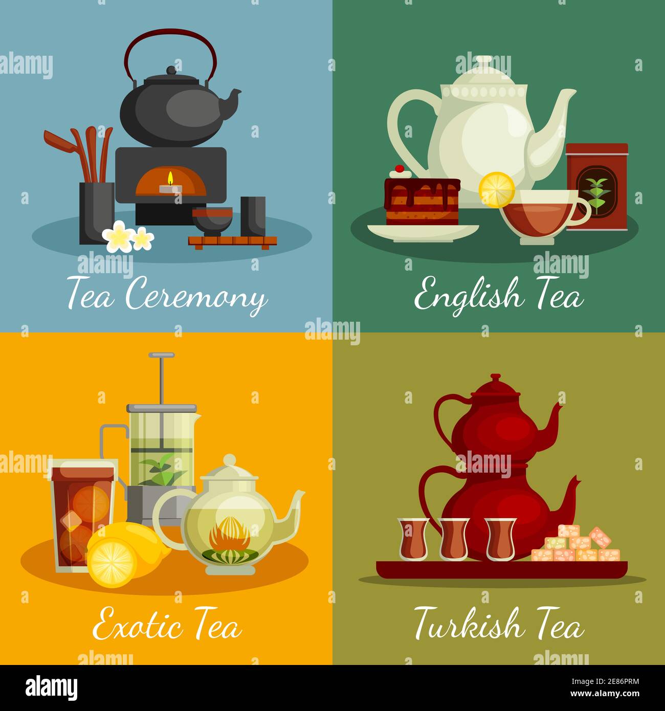 Tea concept icons set with tea ceremony symbols flat isolated vector