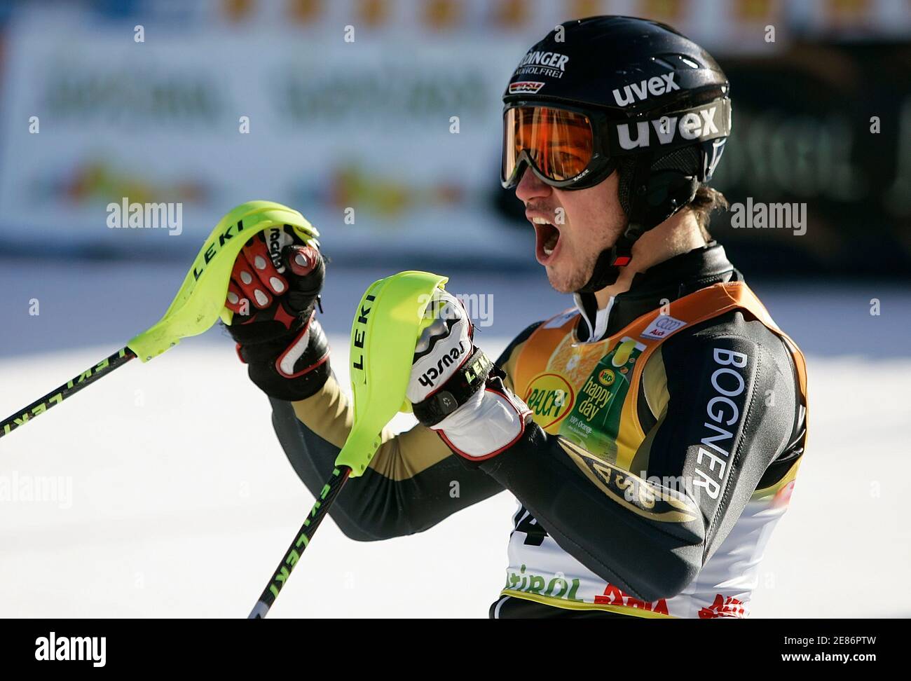 Germany's Felix Neureuther reacts after crossing the finish line and taking second place in the Val Badia Men's Slalom Ski World Cup in Val Badia December 17, 2007. France's Jean-Baptiste Grange won ahead of Neureuther and Ted Ligety of the U.S. was third.     REUTERS/Alessandro Bianchi   (ITALY) Stock Photo