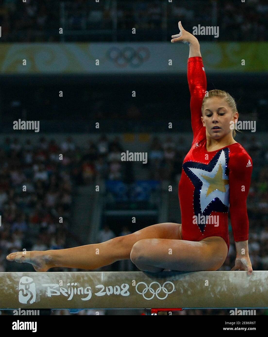 Shawn Johnson of the U.S. competes in the women's qualification balance