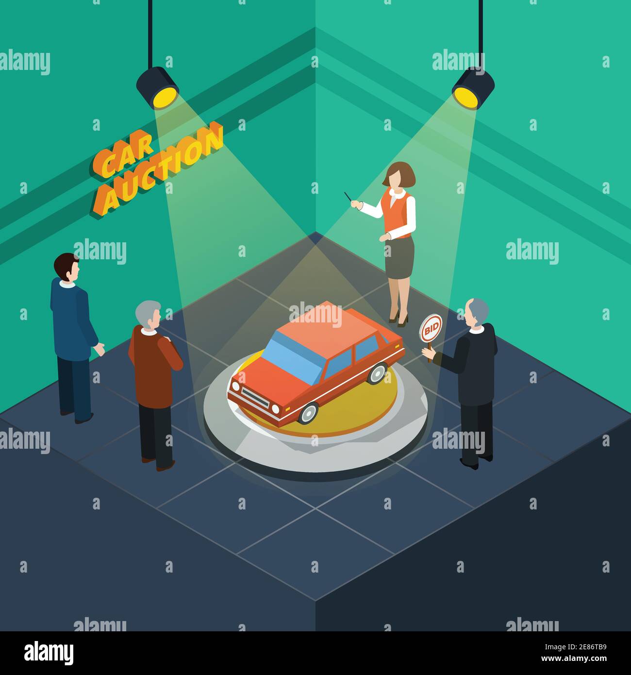 Isometric car auction process abstract with bidding people looking at ...