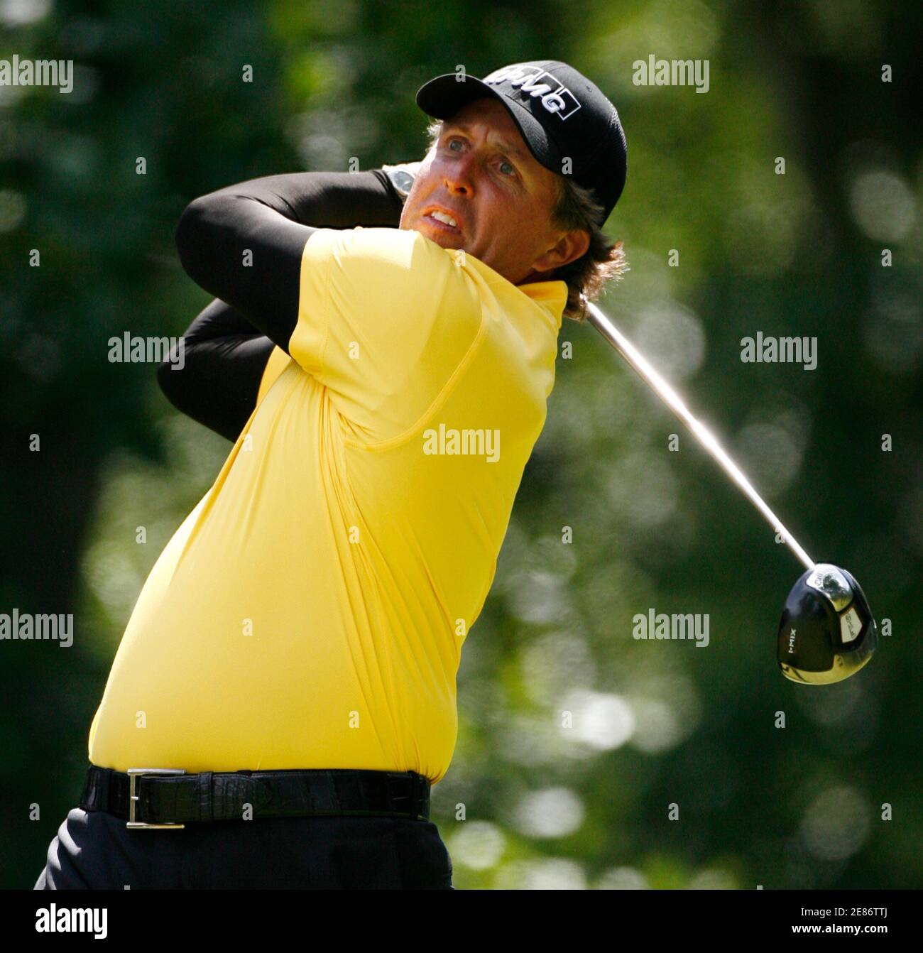 Phil Mickelson tees off at the eighteenth tee during the final round of the Scottish Open golf tournament at Loch Lommond near Glasgow, Scotland on July 13, 2008. REUTERS/David Moir (BRITAIN) Stock Photo