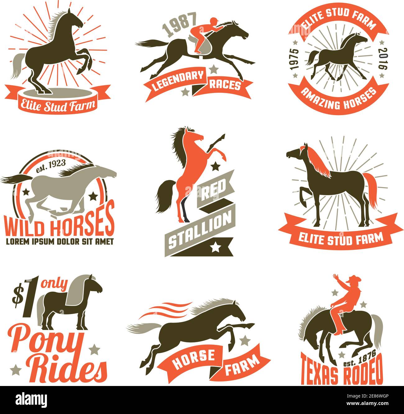 Elite stud farms for horses breeding and jockey clubs historical racing three colored emblems collection isolated vector illustration Stock Vector