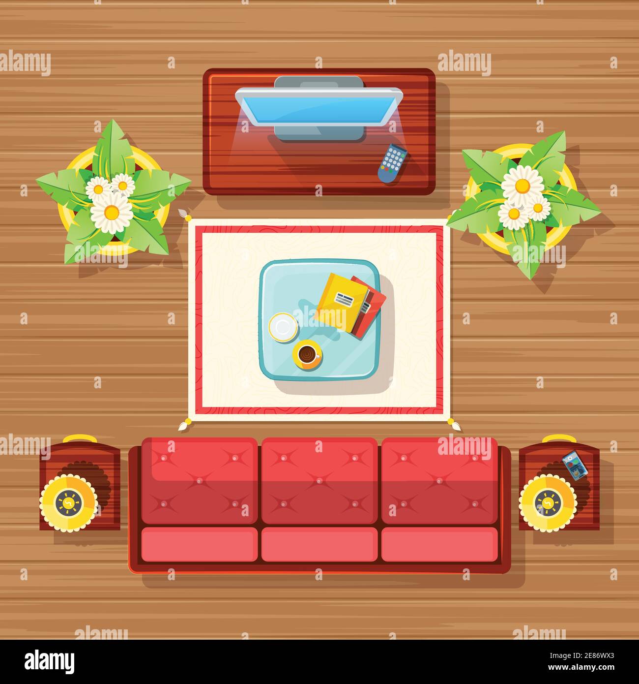 Living room top view design with TV sofa carpet and table flat vector