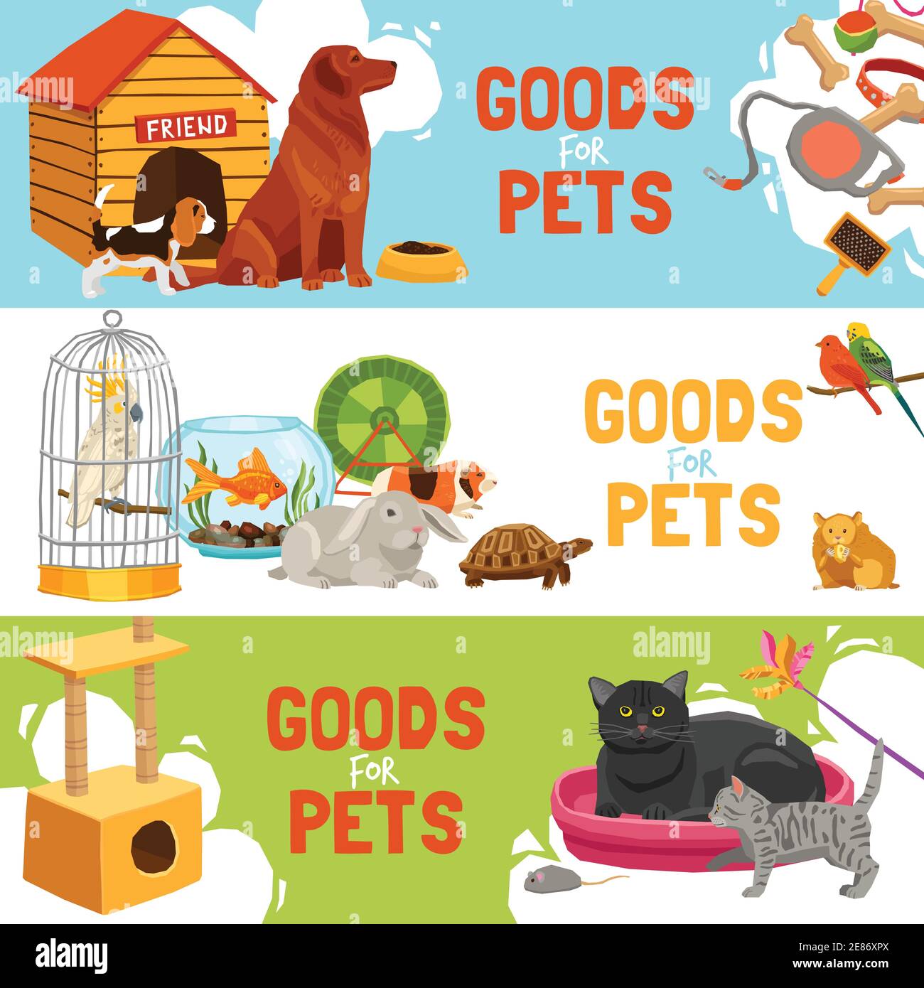 Home pets three horizontal banners with parrot in cage turtle rabbit dog and cat icons and description goods for pets vector illustration Stock Vector