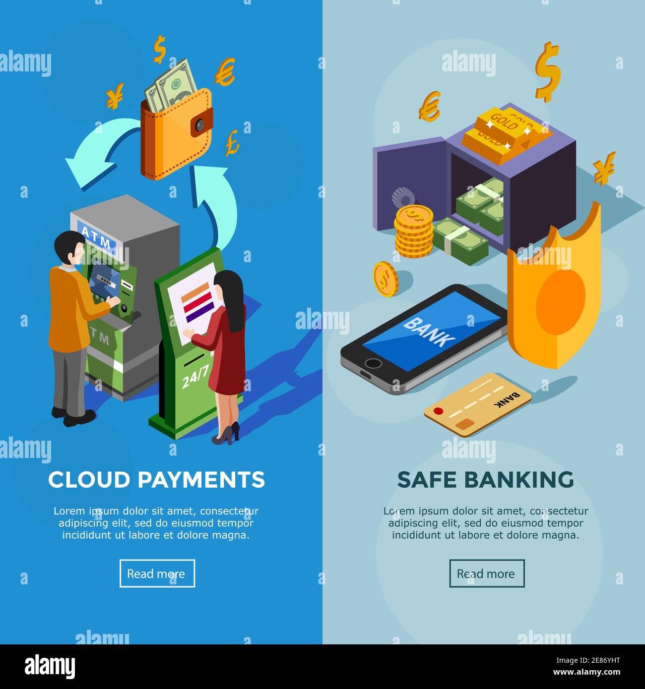 Isometric vertical bank banners with safe banking icons and cloud
