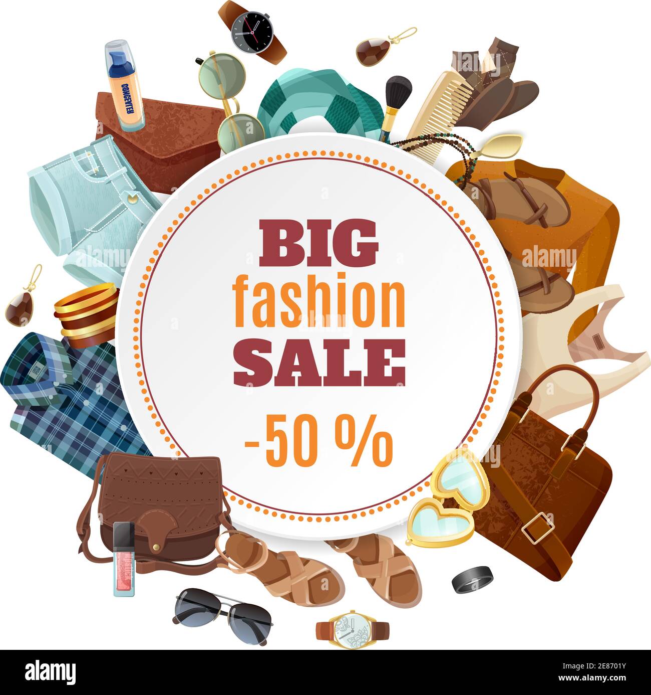 Big sale fashion poster with various fashionable male and female clothing  accessories and shoes on white background flat vector illustration Stock  Vector Image & Art - Alamy