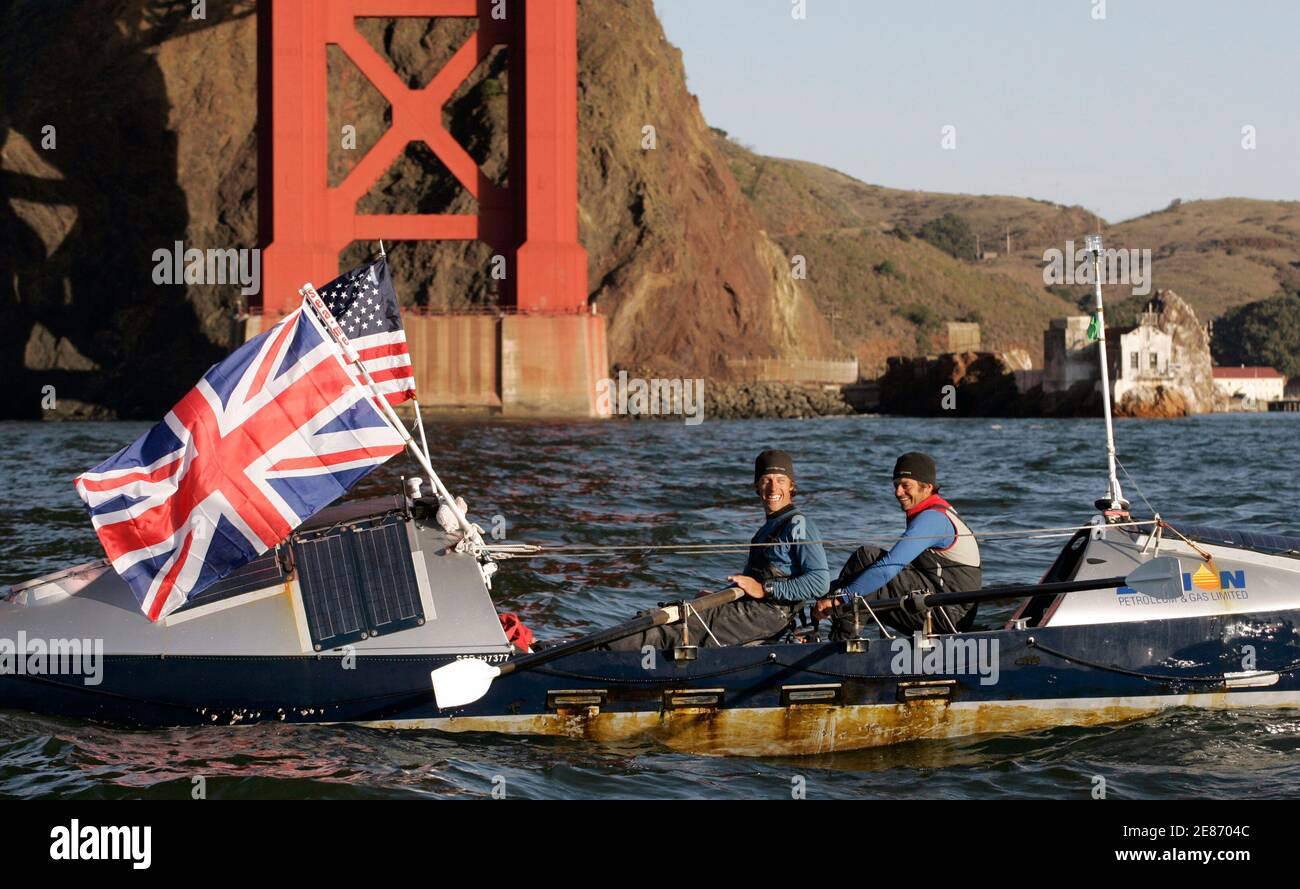 British Rowers Chris Martin L And Mick Dawson React After Arriving At The Golden Gate Bridge Aboard Their Boat Bojangles After Rowing The Vessel Unsupported Across The Northern Pacific Ocean In San
