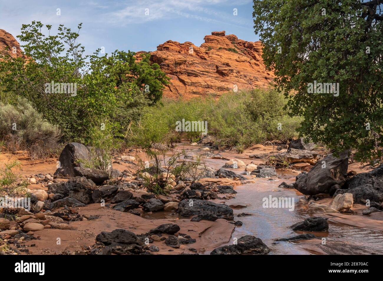 Flowing stream bed after night time rains, Snow Canyon State Park, St. George, Utah. Stock Photo