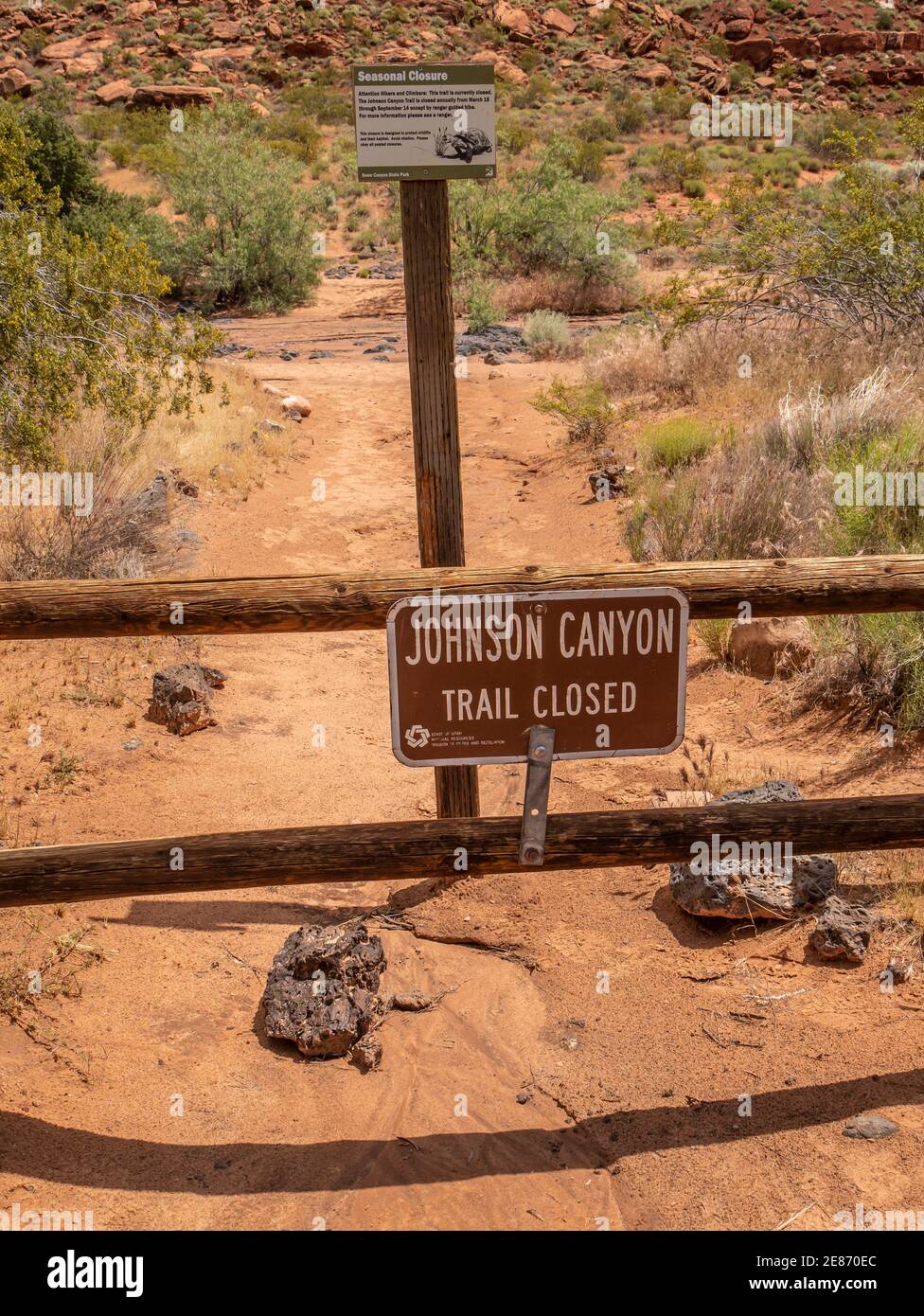 Johnson Canyon Trail sign, Johnson Canyon Trail, Snow Canyon State Park, St. George, Utah. Stock Photo