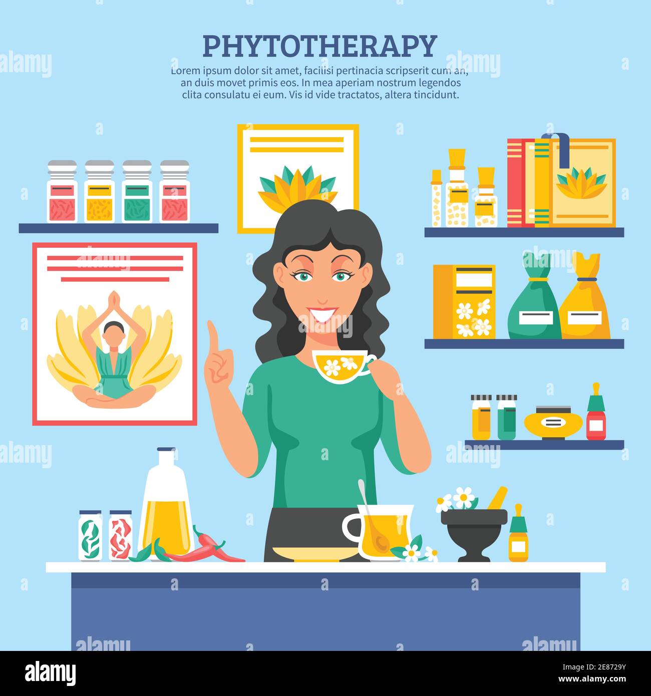 Alternative medicine flat vector illustration with young woman figure holding cap of herbal tea in center and shelves of phytotherapy drugs Stock Vector