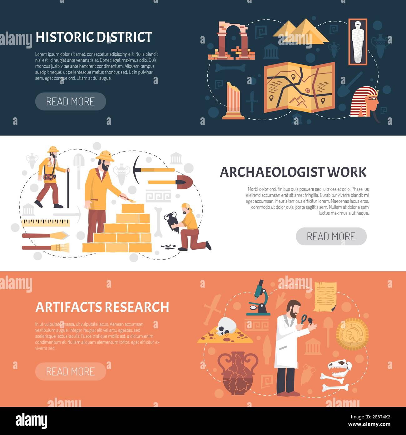 Color horizontal banner depicting archaeological work research historic district vector illustration Stock Vector