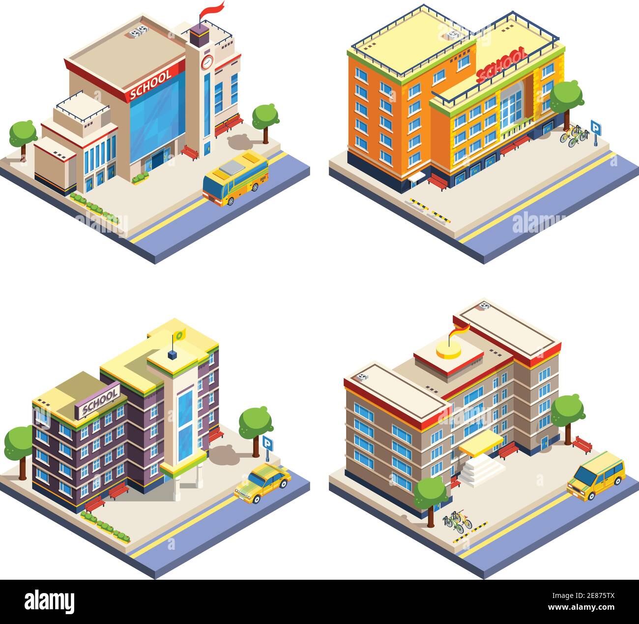 https://c8.alamy.com/comp/2E875TX/modern-many-storeyed-school-buildings-with-cars-bicycles-and-school-bus-isometric-icons-set-on-white-background-isolated-vector-illustration-2E875TX.jpg