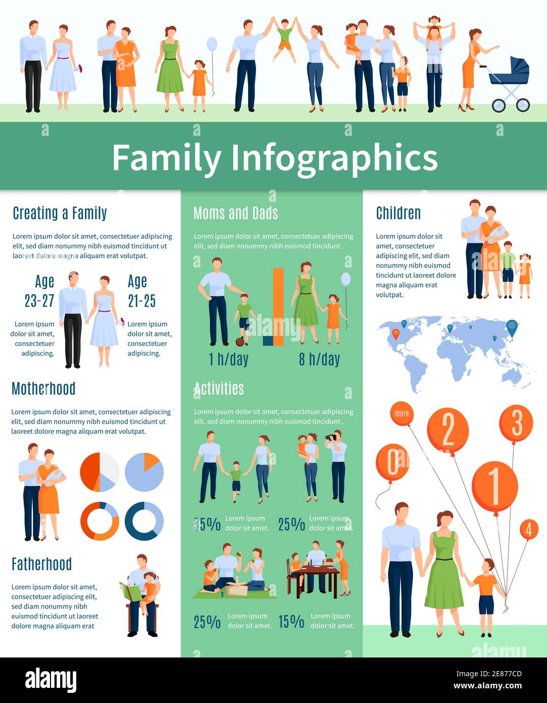 Family infographic set with motherhood and fatherhood symbols flat ...