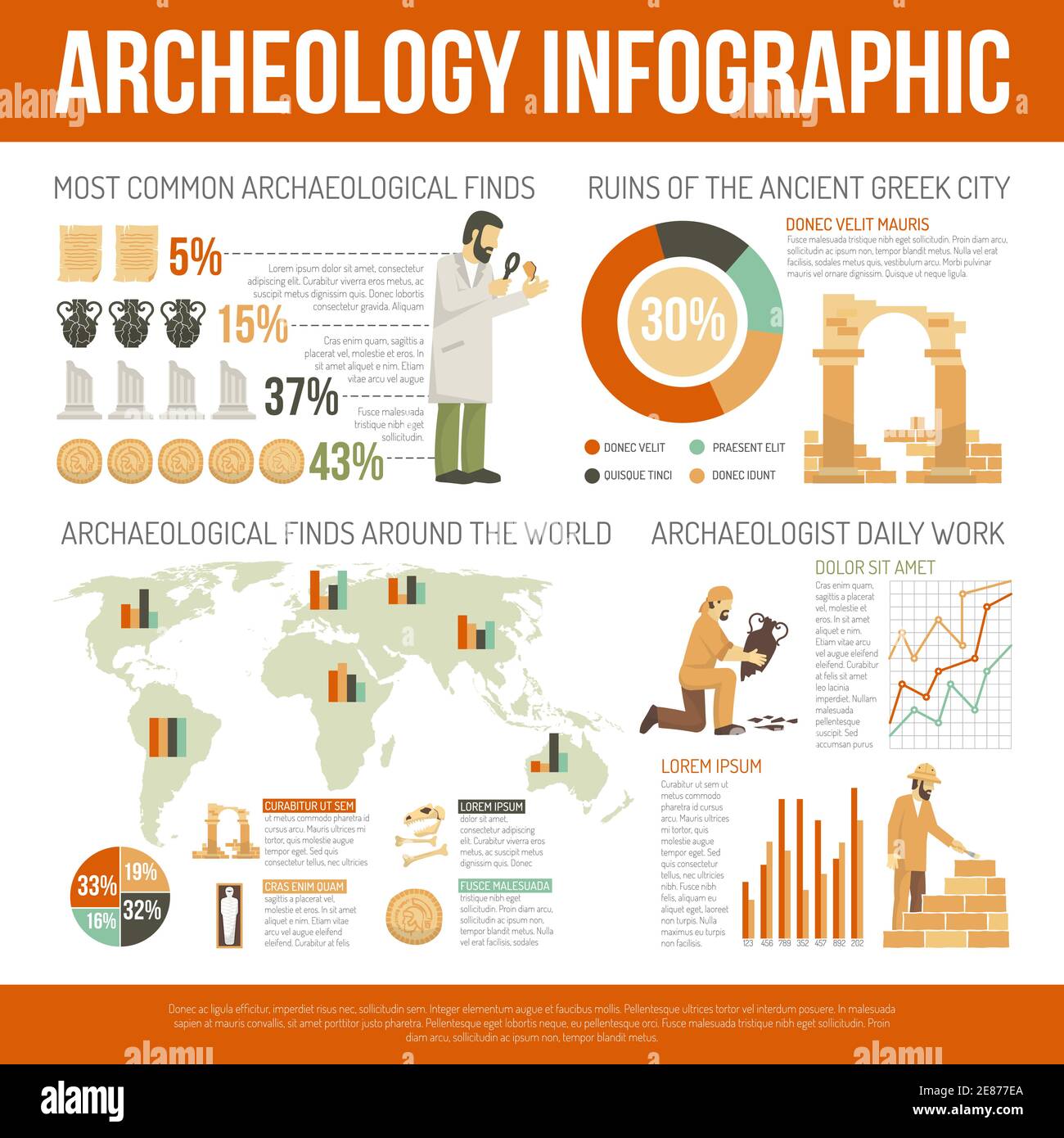 Color flat infographic depicting archeology information of daly work ruins finds vector illustration Stock Vector