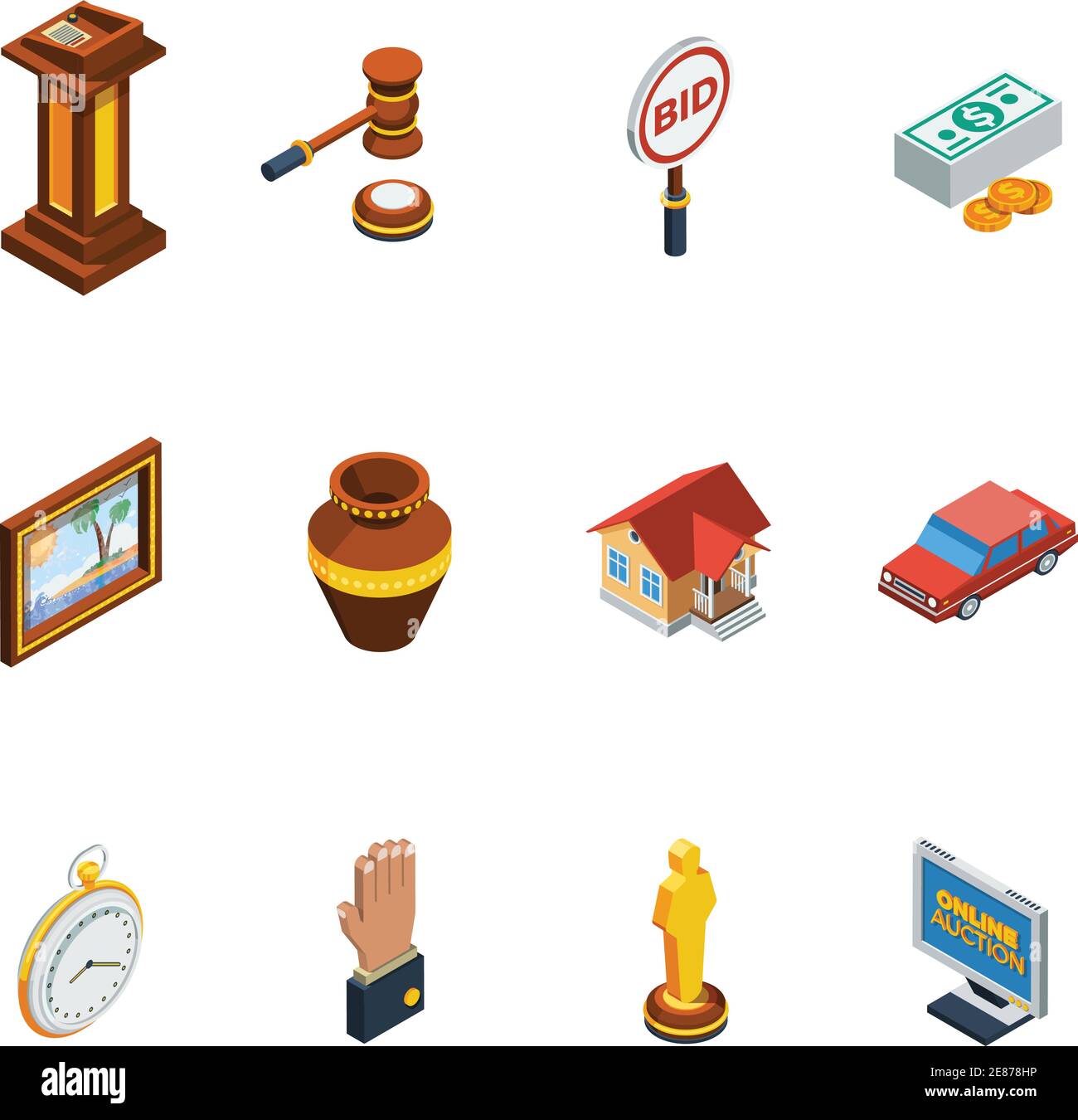 Isometric auction isolated icon set with different elements of bid ...