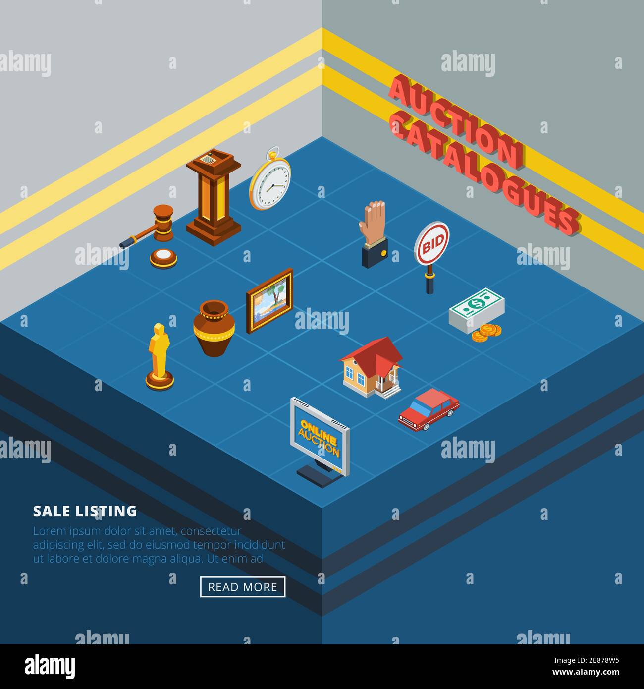 Isometric auction icon set with common elements of bidding process and ...