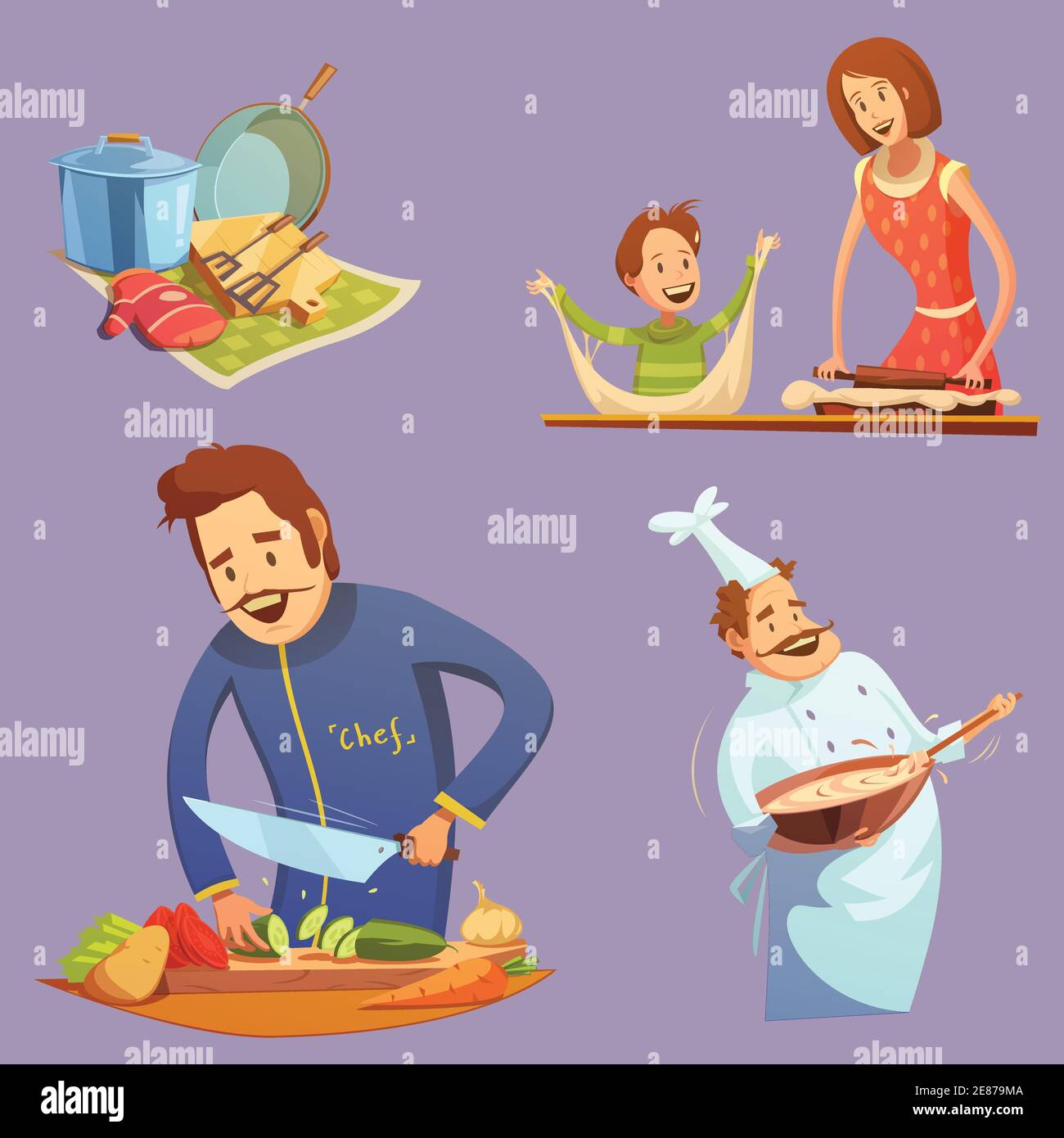 Cooking retro cartoon icon set utensil mother and son cutting chef vector illustration Stock Vector